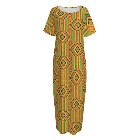 Ashanti Kente Pattern Print Short Sleeve Long Nightdress
