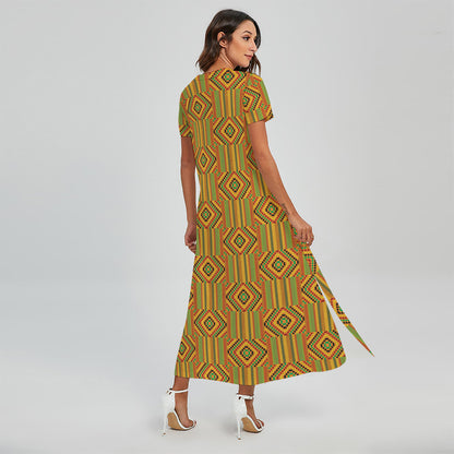 Ashanti Kente Pattern Print Short Sleeve Maxi Dress