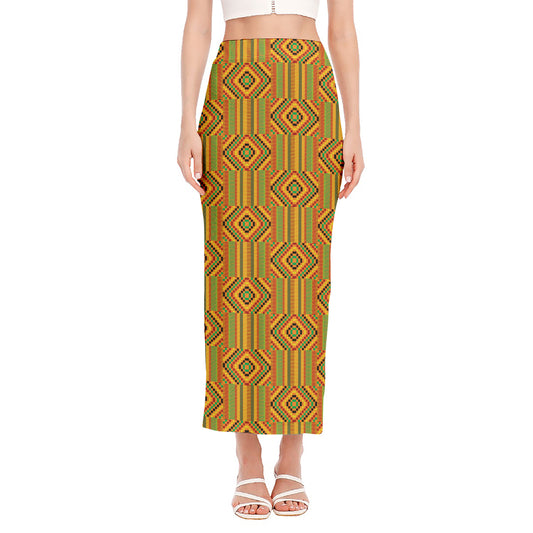 Ashanti Kente Pattern Print Side Slit Maxi Skirt