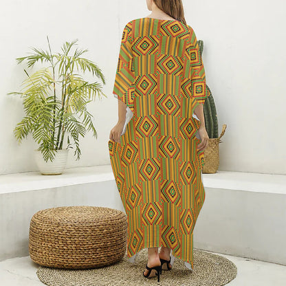 Ashanti Kente Pattern Print Silk V-Neck Kaftan Dress