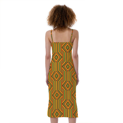 Ashanti Kente Pattern Print Slim Fit Midi Cami Dress