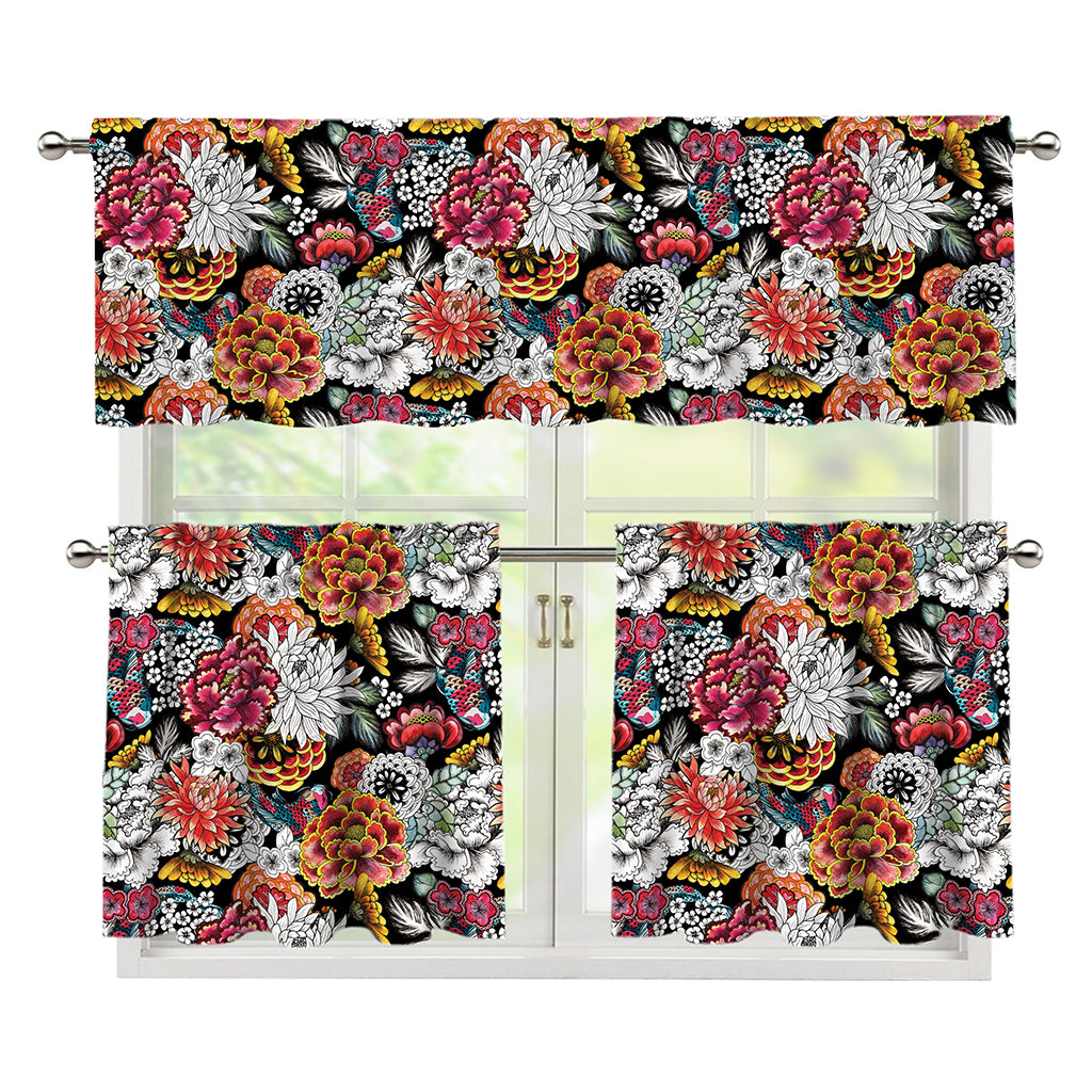 Asian Chrysanthemum Pattern Print 3 Piece Kitchen Curtains