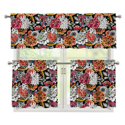 Asian Chrysanthemum Pattern Print 3 Piece Kitchen Curtains