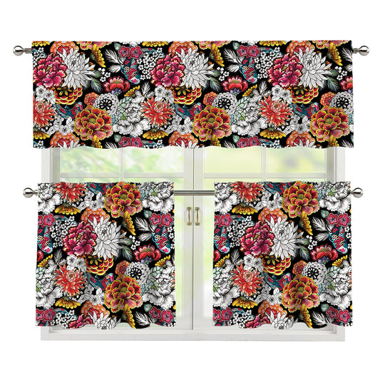 Asian Chrysanthemum Pattern Print 3 Piece Kitchen Curtains