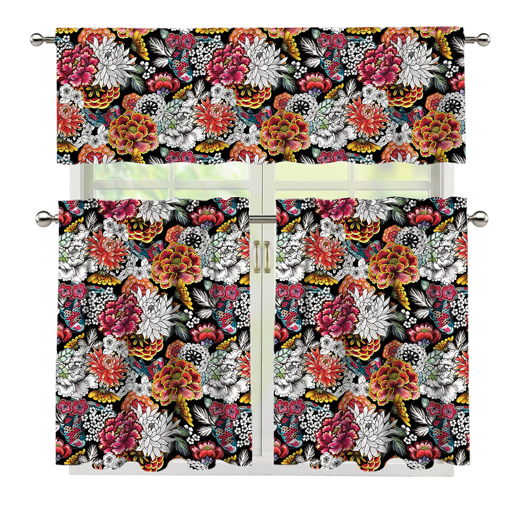 Asian Chrysanthemum Pattern Print 3 Piece Kitchen Curtains