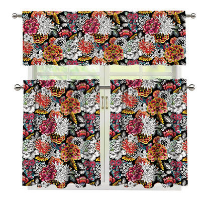 Asian Chrysanthemum Pattern Print 3 Piece Kitchen Curtains