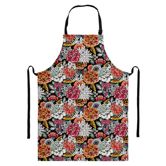 Asian Chrysanthemum Pattern Print Bib Apron With Pocket