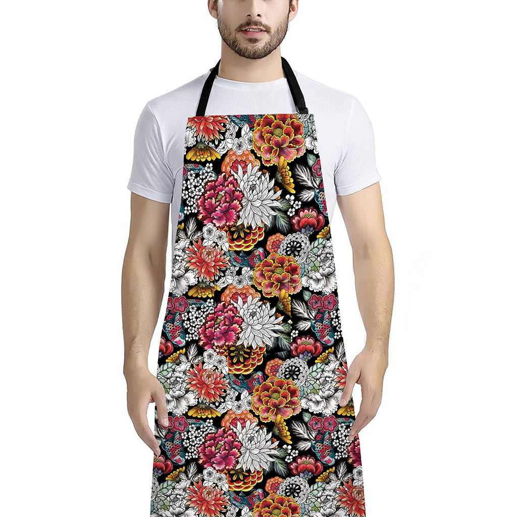 Asian Chrysanthemum Pattern Print Bib Apron With Pocket