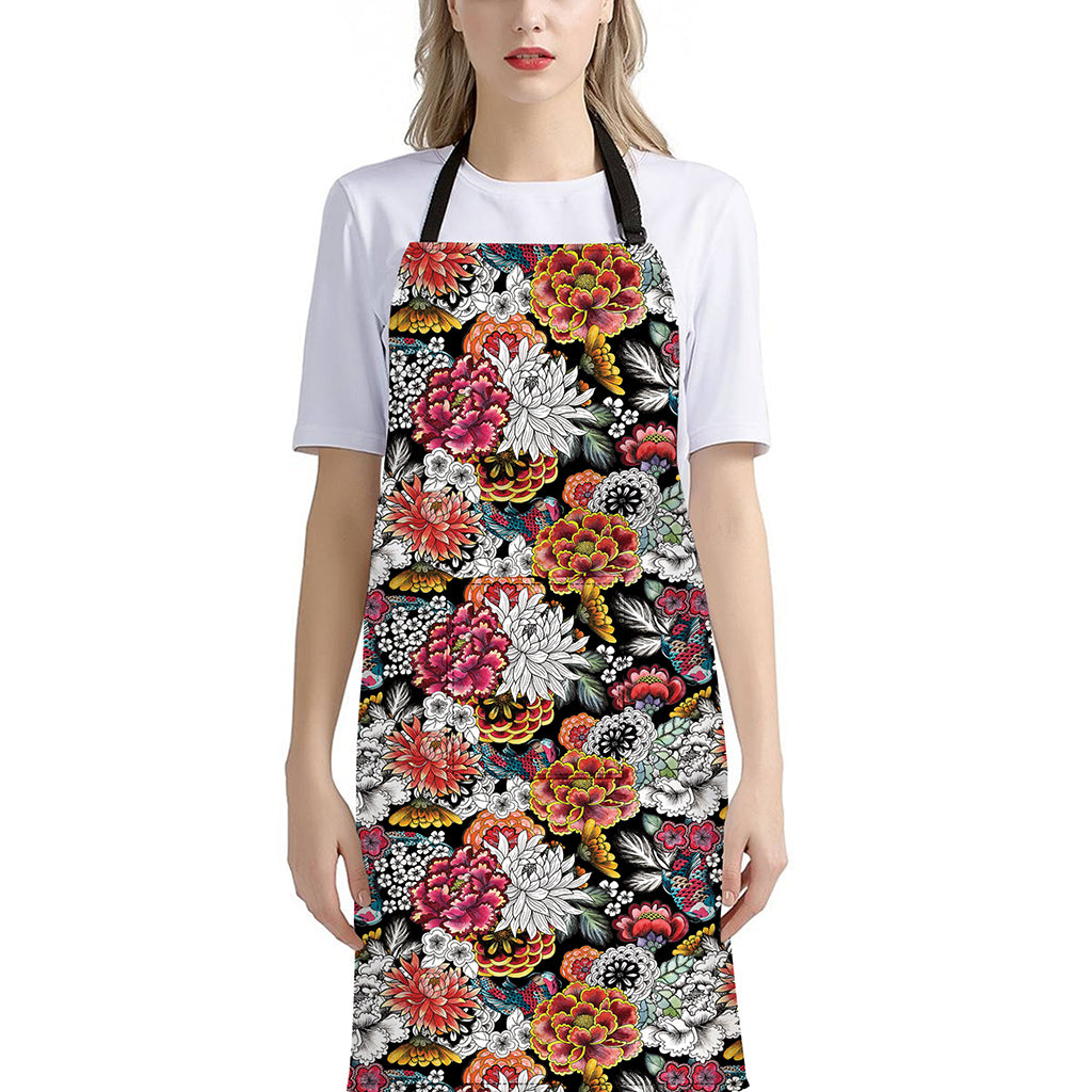 Asian Chrysanthemum Pattern Print Bib Apron With Pocket