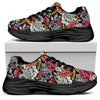 Asian Chrysanthemum Pattern Print Black Chunky Shoes