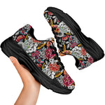 Asian Chrysanthemum Pattern Print Black Chunky Shoes