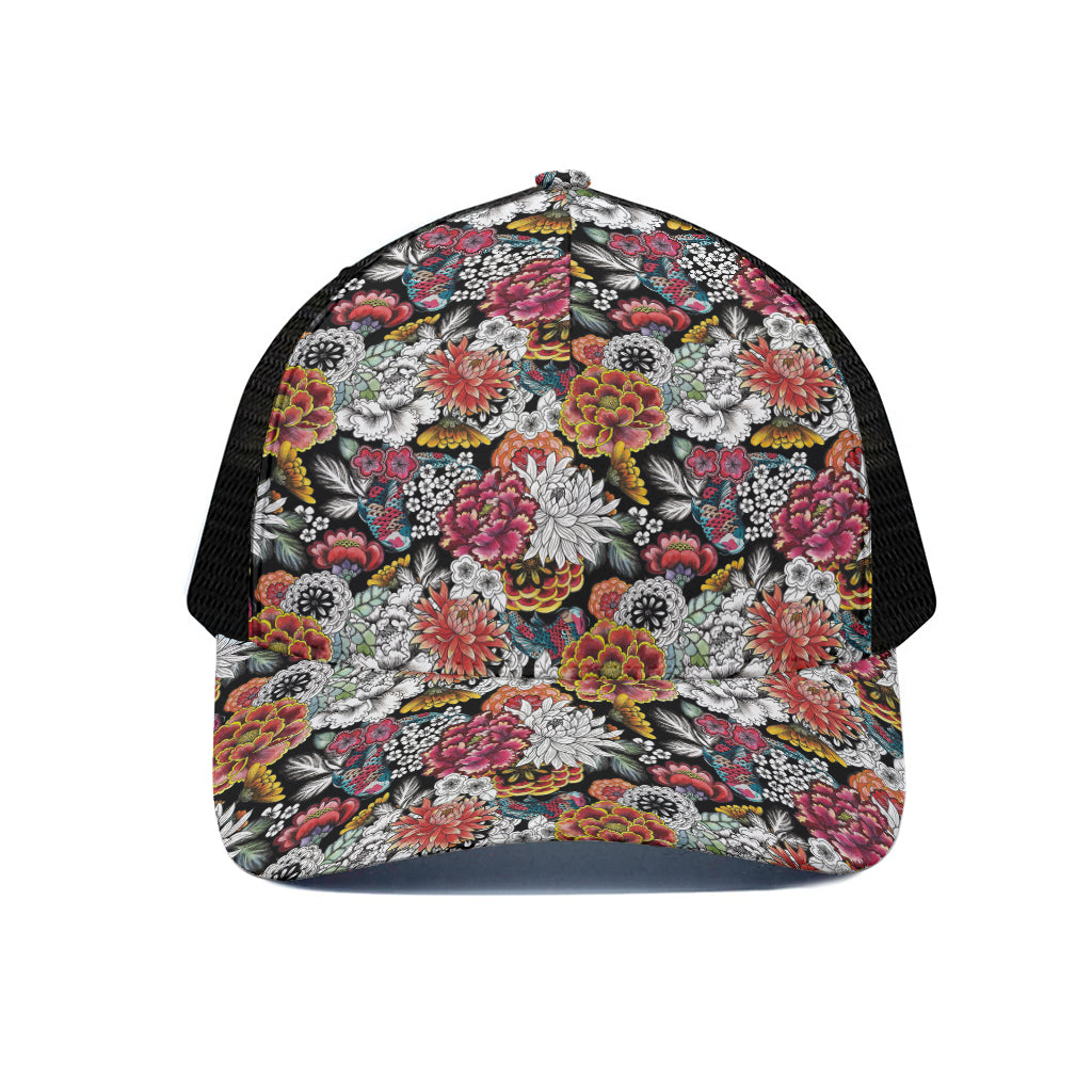 Asian Chrysanthemum Pattern Print Black Mesh Trucker Cap