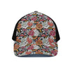 Asian Chrysanthemum Pattern Print Black Mesh Trucker Cap