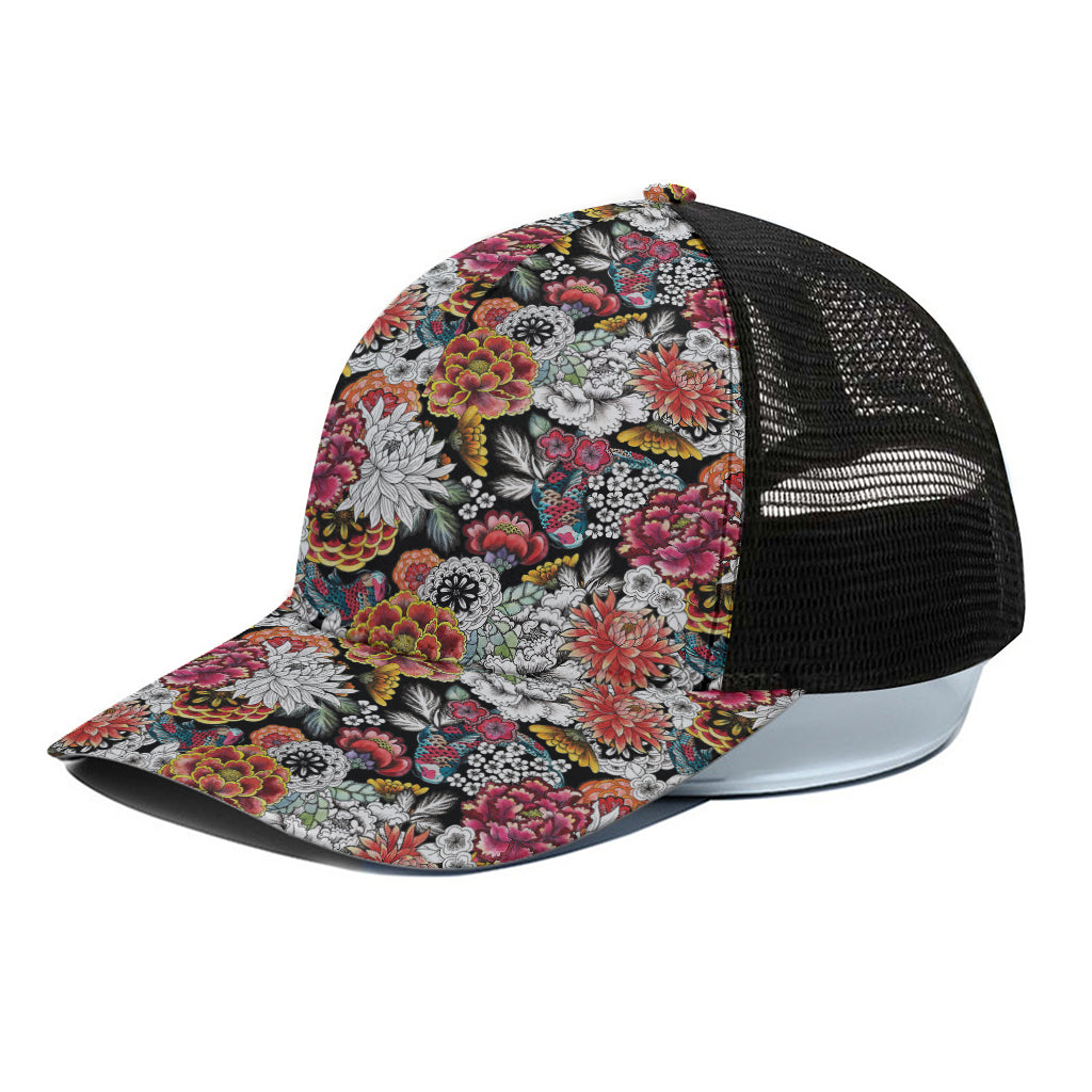 Asian Chrysanthemum Pattern Print Black Mesh Trucker Cap