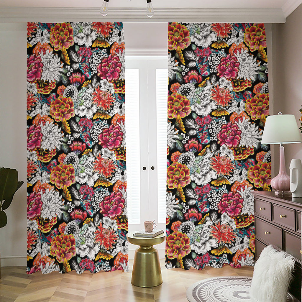 Asian Chrysanthemum Pattern Print Blackout Pencil Pleat Curtains