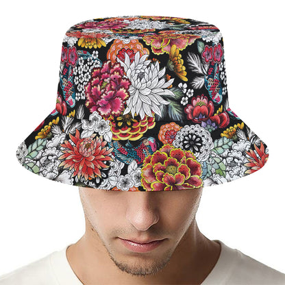 Asian Chrysanthemum Pattern Print Bucket Hat