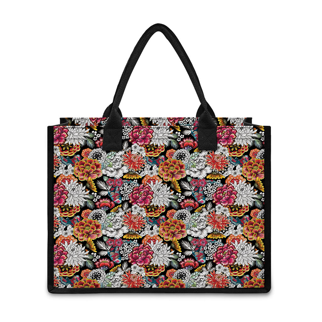 Asian Chrysanthemum Pattern Print Canvas Tote Bag