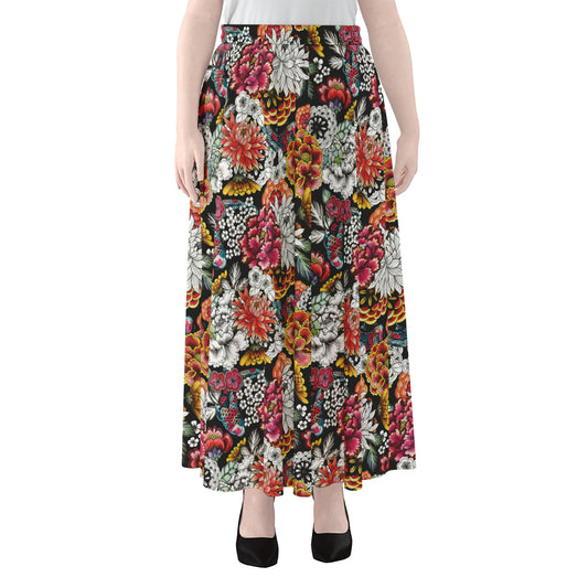 Asian Chrysanthemum Pattern Print Chiffon Maxi Skirt