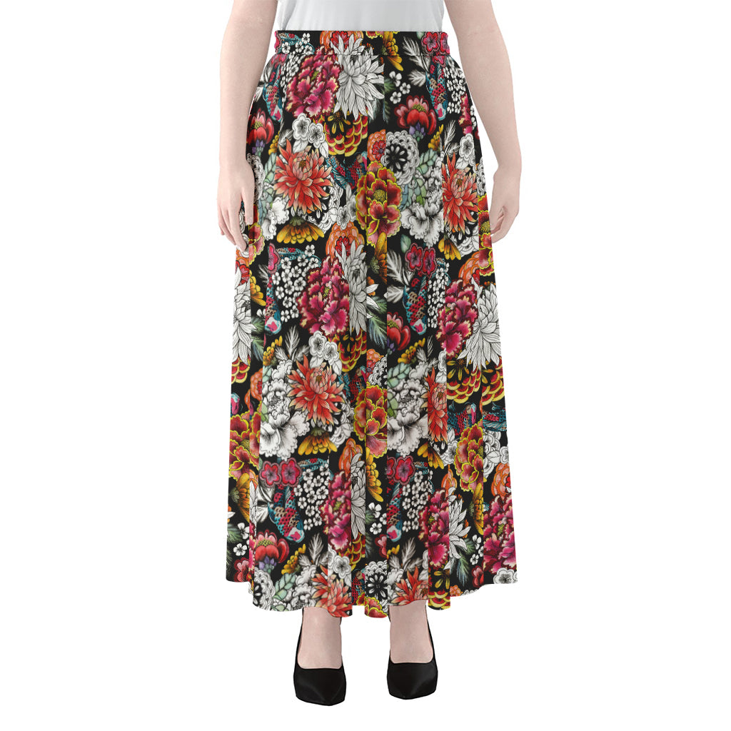 Asian Chrysanthemum Pattern Print Chiffon Maxi Skirt