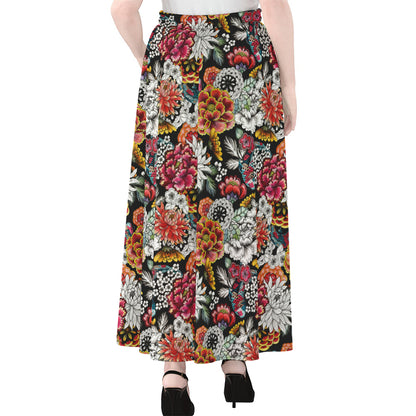 Asian Chrysanthemum Pattern Print Chiffon Maxi Skirt