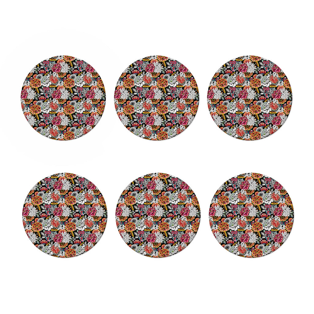 Asian Chrysanthemum Pattern Print Coaster Set
