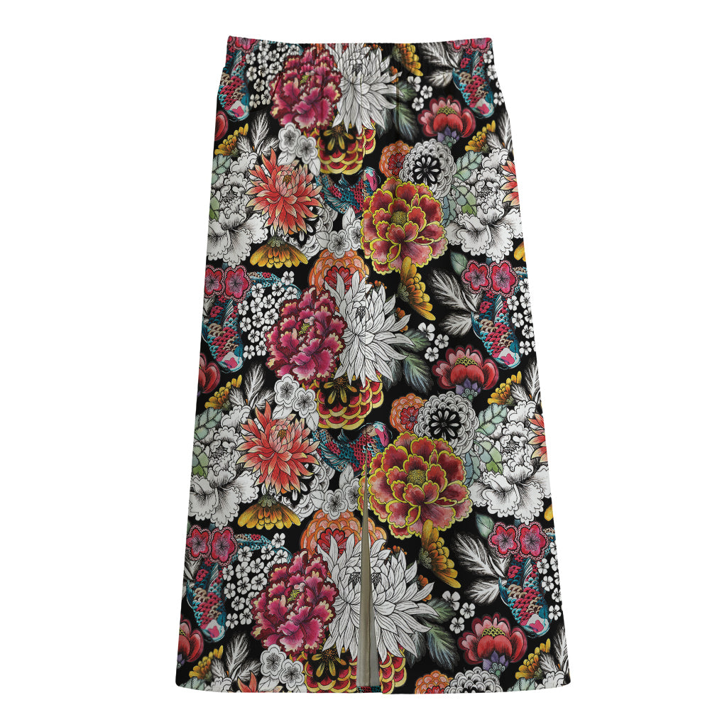 Asian Chrysanthemum Pattern Print Cotton Front Slit Maxi Skirt