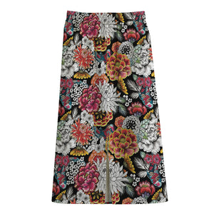 Asian Chrysanthemum Pattern Print Cotton Front Slit Maxi Skirt