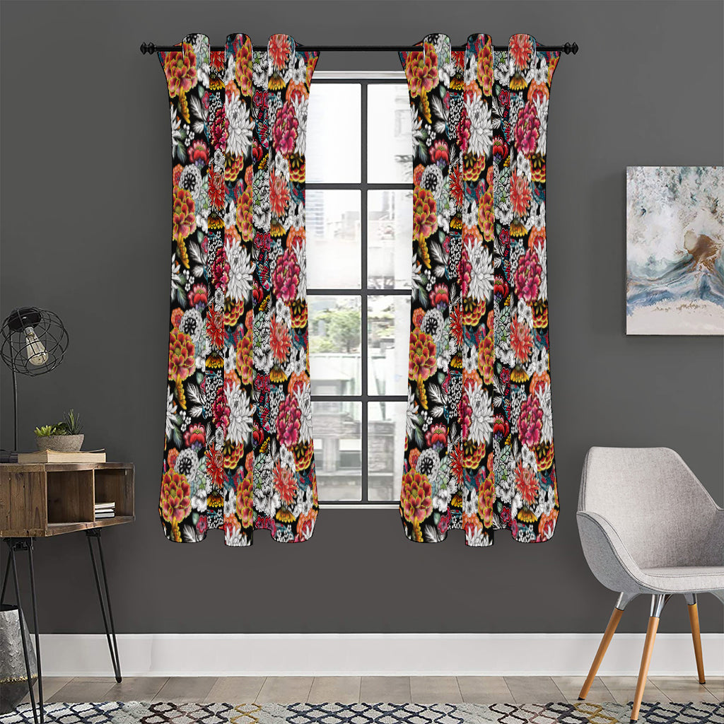Asian Chrysanthemum Pattern Print Curtain