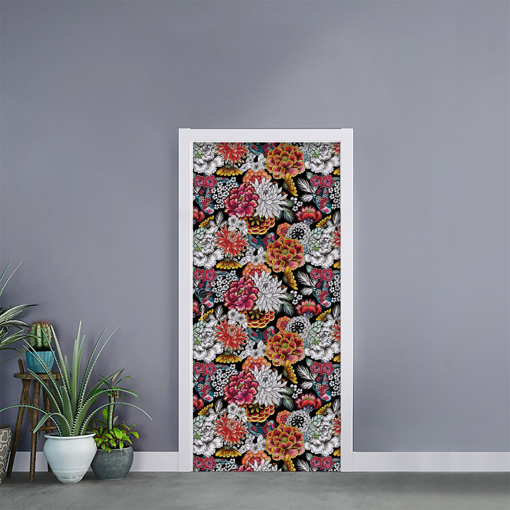 Asian Chrysanthemum Pattern Print Door Sticker