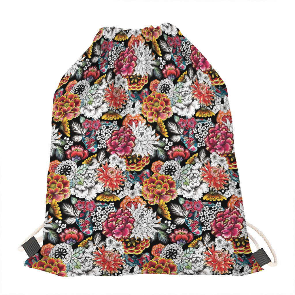 Asian Chrysanthemum Pattern Print Drawstring Bag
