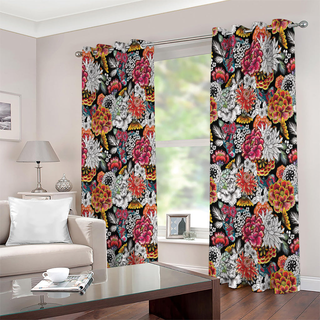 Asian Chrysanthemum Pattern Print Extra Wide Grommet Curtains