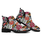 Asian Chrysanthemum Pattern Print Flat Ankle Boots