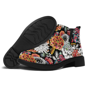 Asian Chrysanthemum Pattern Print Flat Ankle Boots