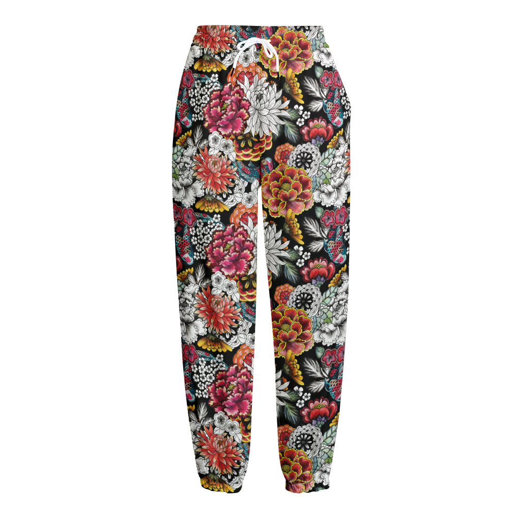 Asian Chrysanthemum Pattern Print Fleece Lined Knit Pants