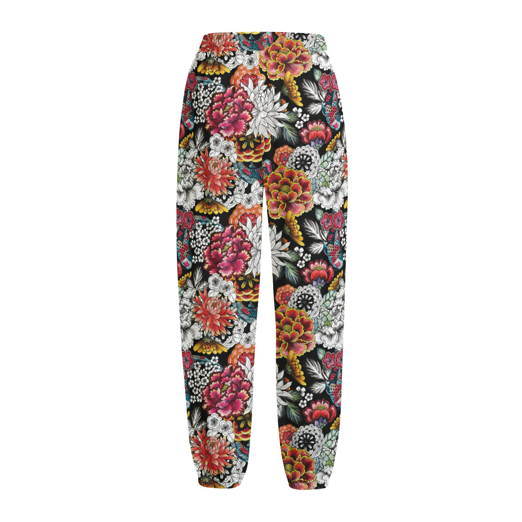 Asian Chrysanthemum Pattern Print Fleece Lined Knit Pants