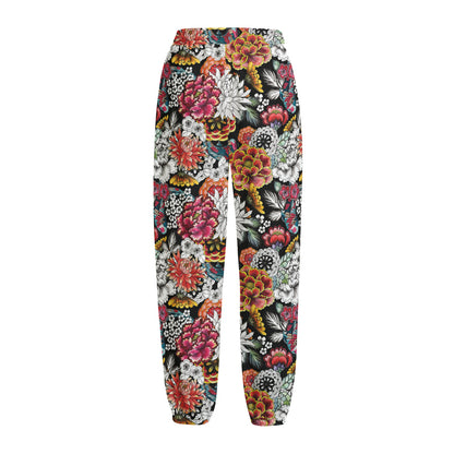 Asian Chrysanthemum Pattern Print Fleece Lined Knit Pants