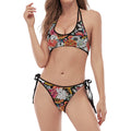 Asian Chrysanthemum Pattern Print Halter Scoop Tie Side Bikini