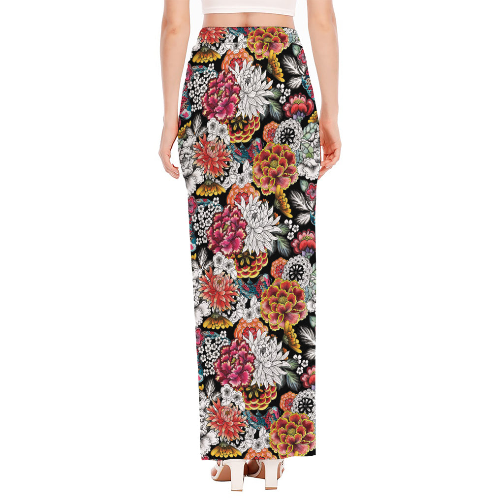 Asian Chrysanthemum Pattern Print High Slit Maxi Skirt