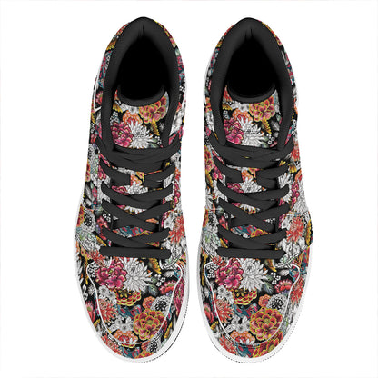 Asian Chrysanthemum Pattern Print High Top Leather Sneakers