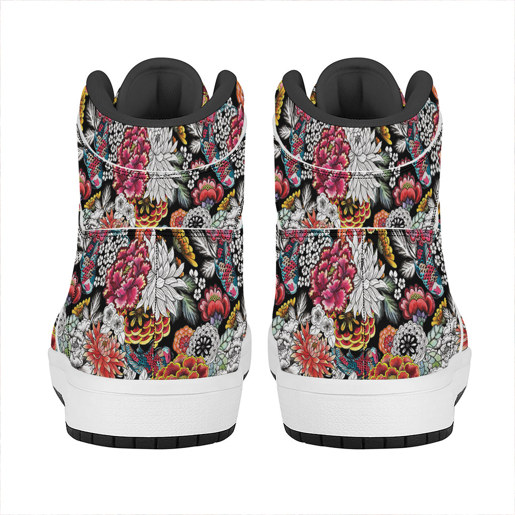 Asian Chrysanthemum Pattern Print High Top Leather Sneakers