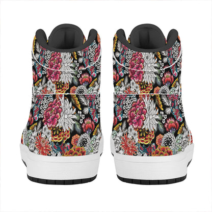 Asian Chrysanthemum Pattern Print High Top Leather Sneakers