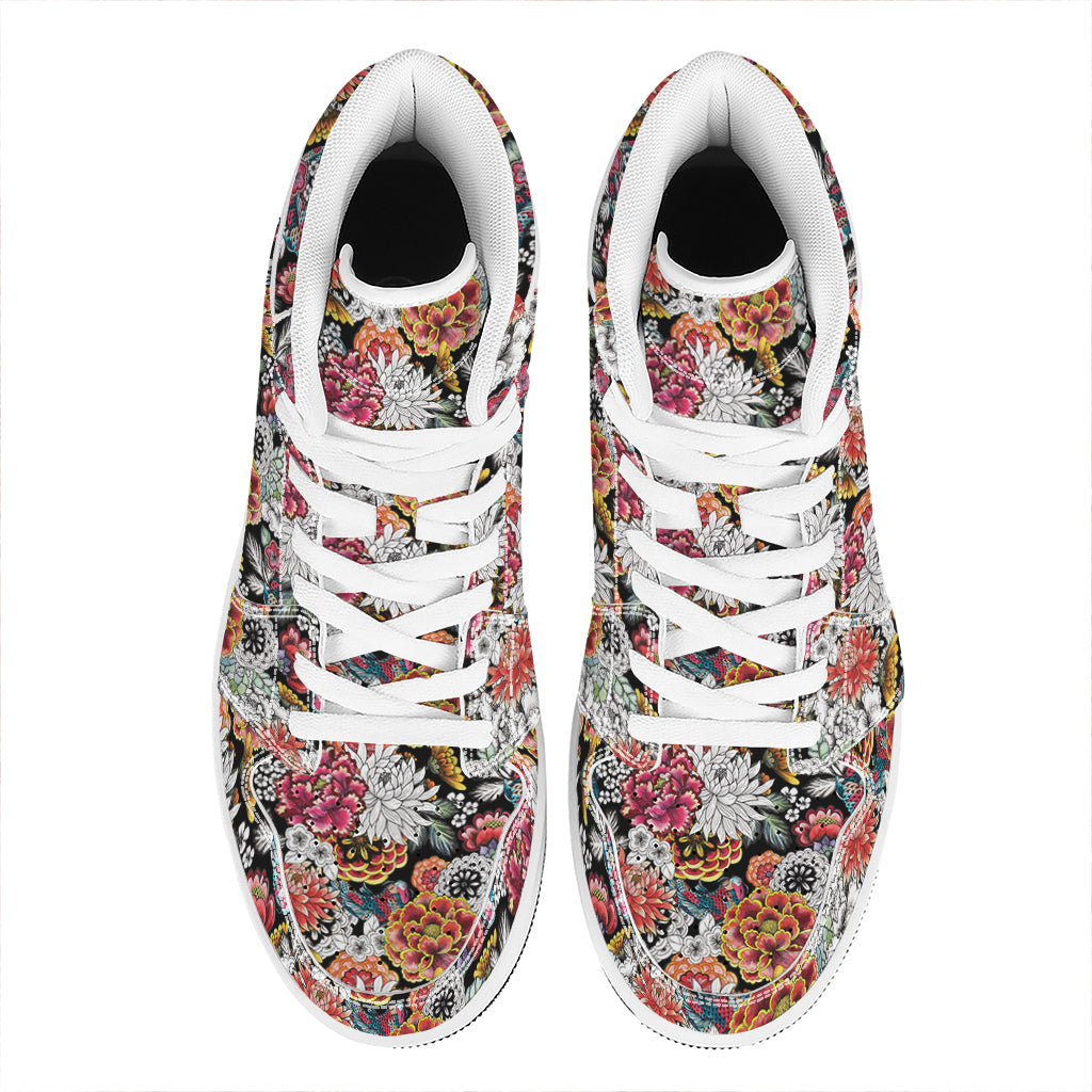 Asian Chrysanthemum Pattern Print High Top Leather Sneakers