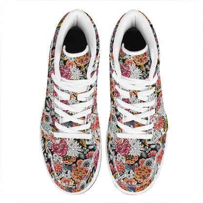 Asian Chrysanthemum Pattern Print High Top Leather Sneakers