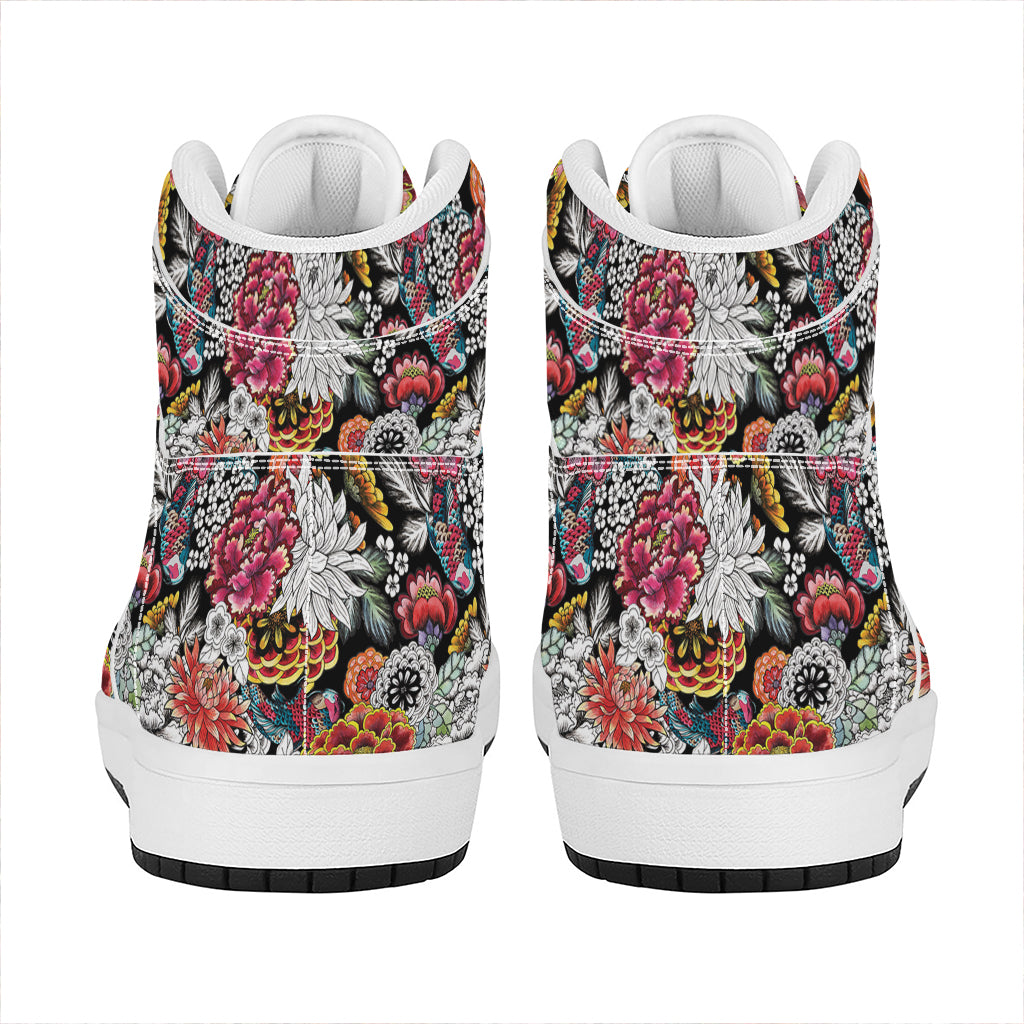 Asian Chrysanthemum Pattern Print High Top Leather Sneakers