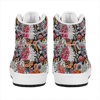 Asian Chrysanthemum Pattern Print High Top Leather Sneakers