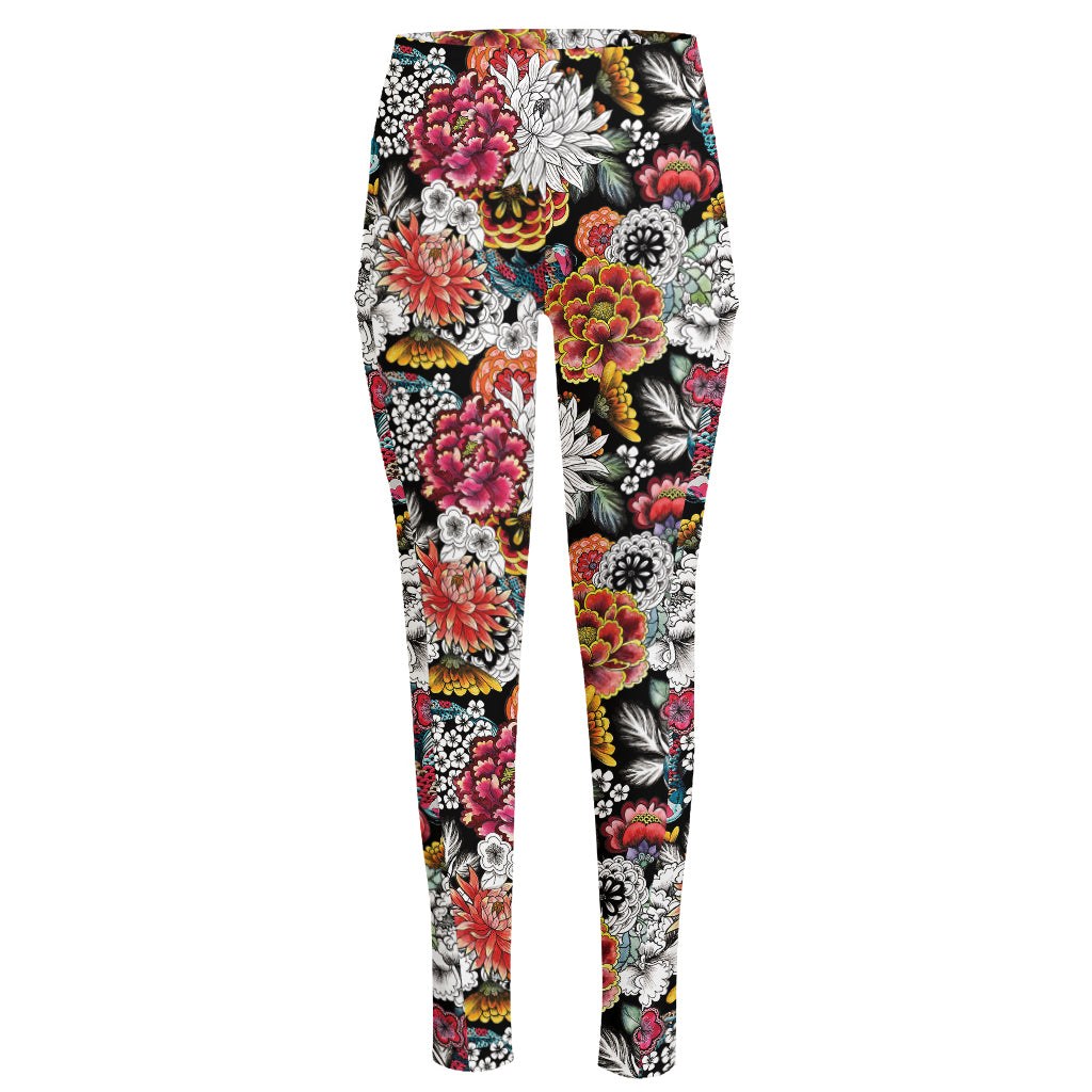 Asian Chrysanthemum Pattern Print High-Waisted Pocket Leggings