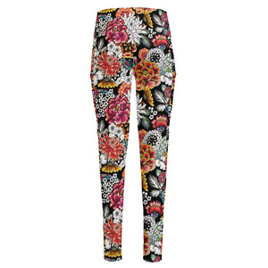 Asian Chrysanthemum Pattern Print High-Waisted Pocket Leggings