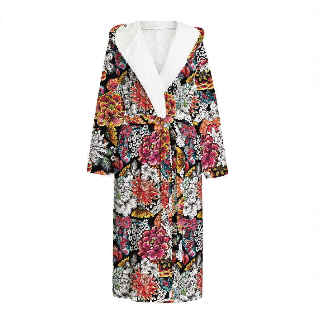 Asian Chrysanthemum Pattern Print Hooded Bathrobe