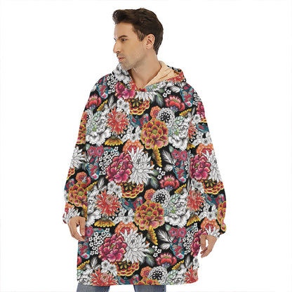 Asian Chrysanthemum Pattern Print Hoodie Blanket