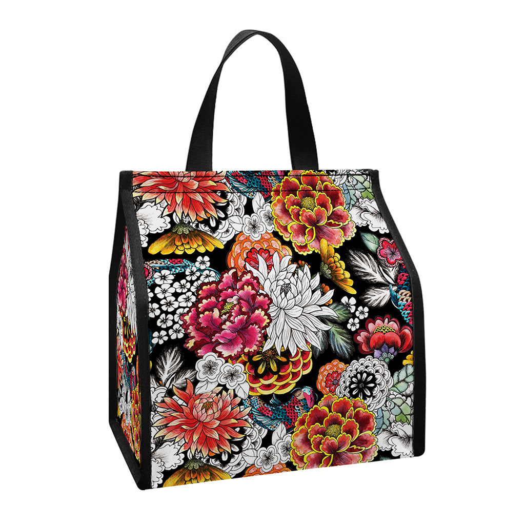 Asian Chrysanthemum Pattern Print Insulated Lunch Tote